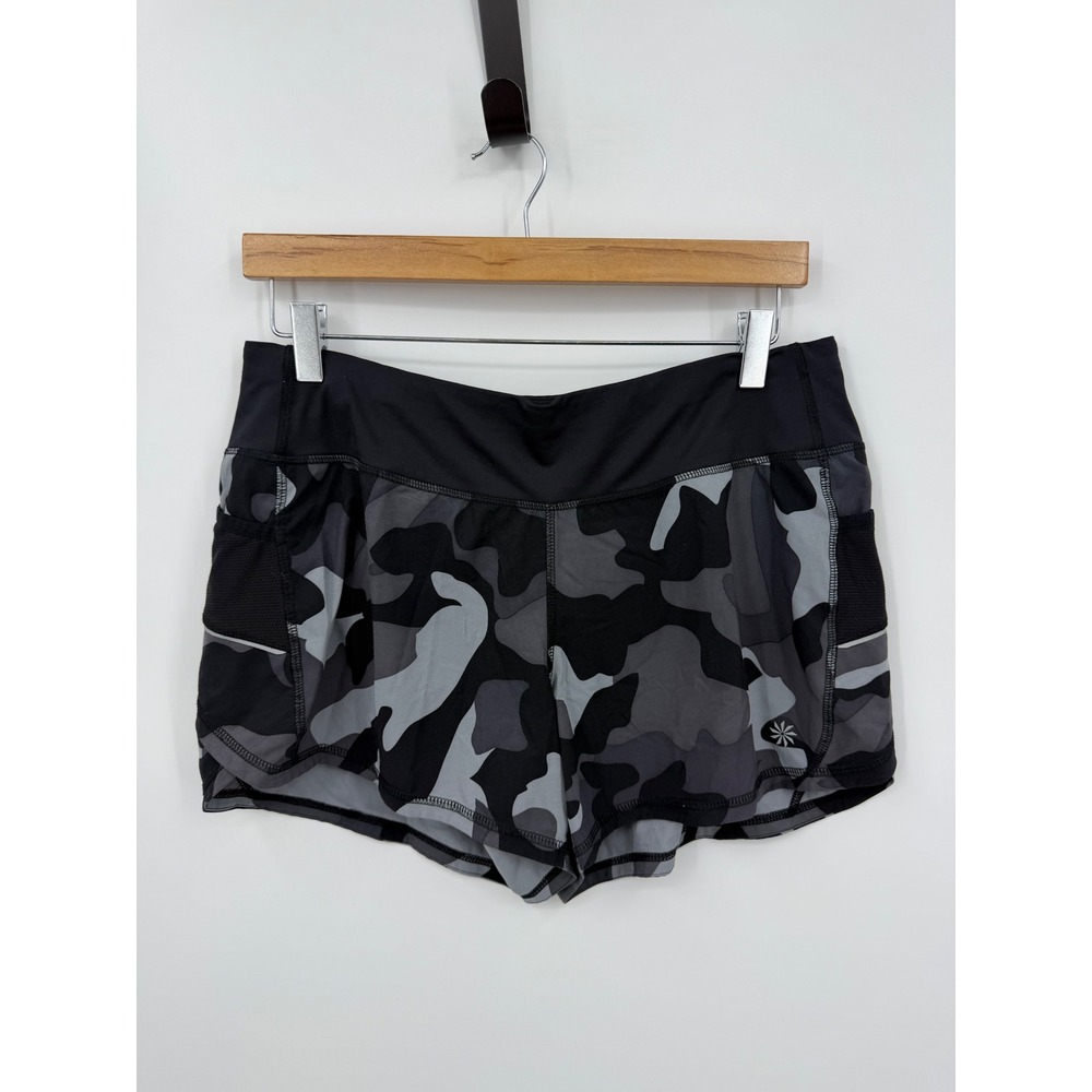 Athleta Mesh Racer Running Shorts Womens‎ Medium Gray Camo Zipper Pocket Mesh